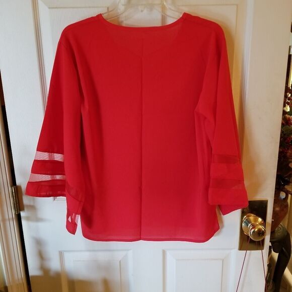 RED COTTON TOP W/ SEE THRU SLEEVES - Picture 4 of 4